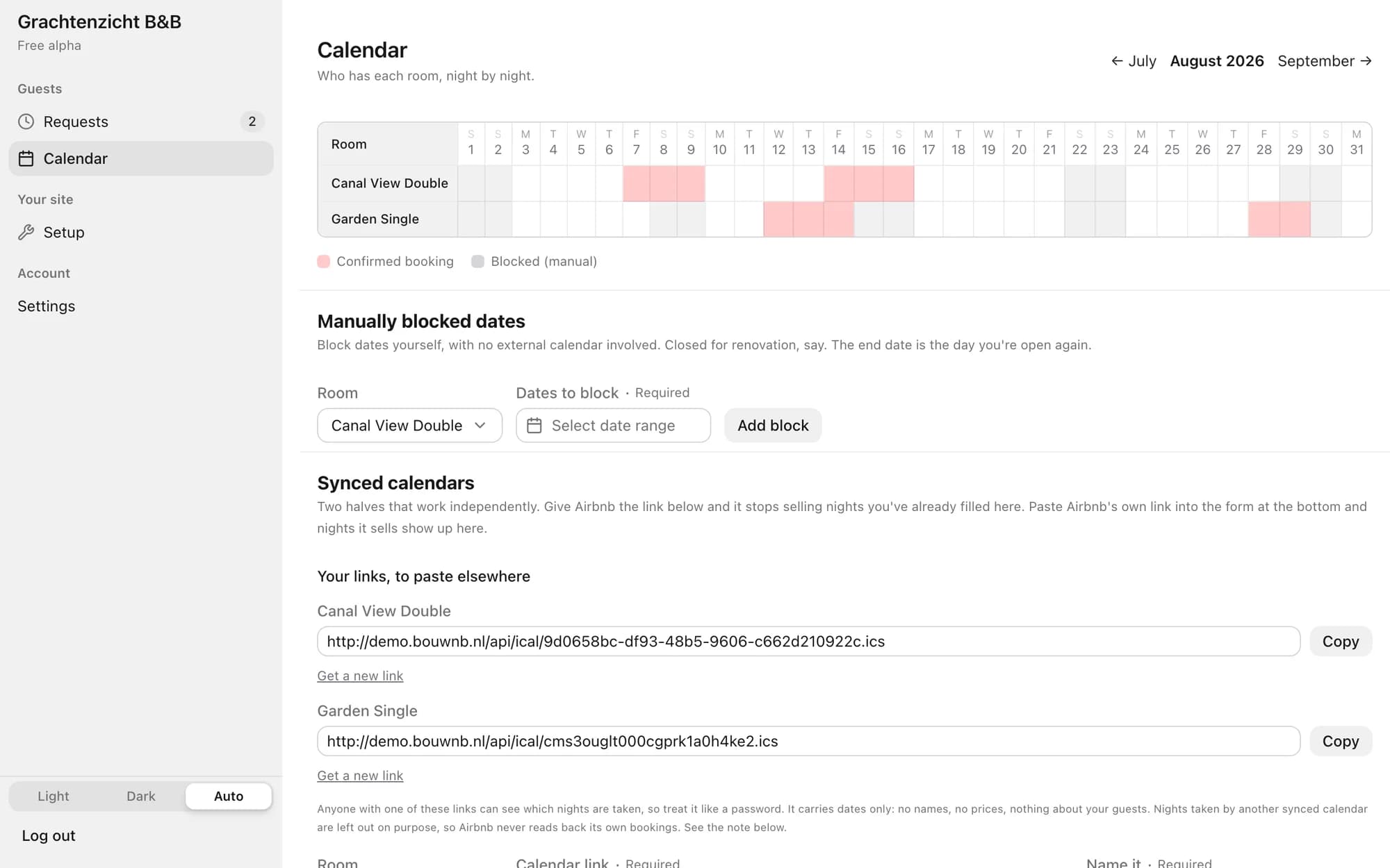 De kalender in het bouwnb-dashboard met bezette nachten per kamer en gekoppelde externe agenda's